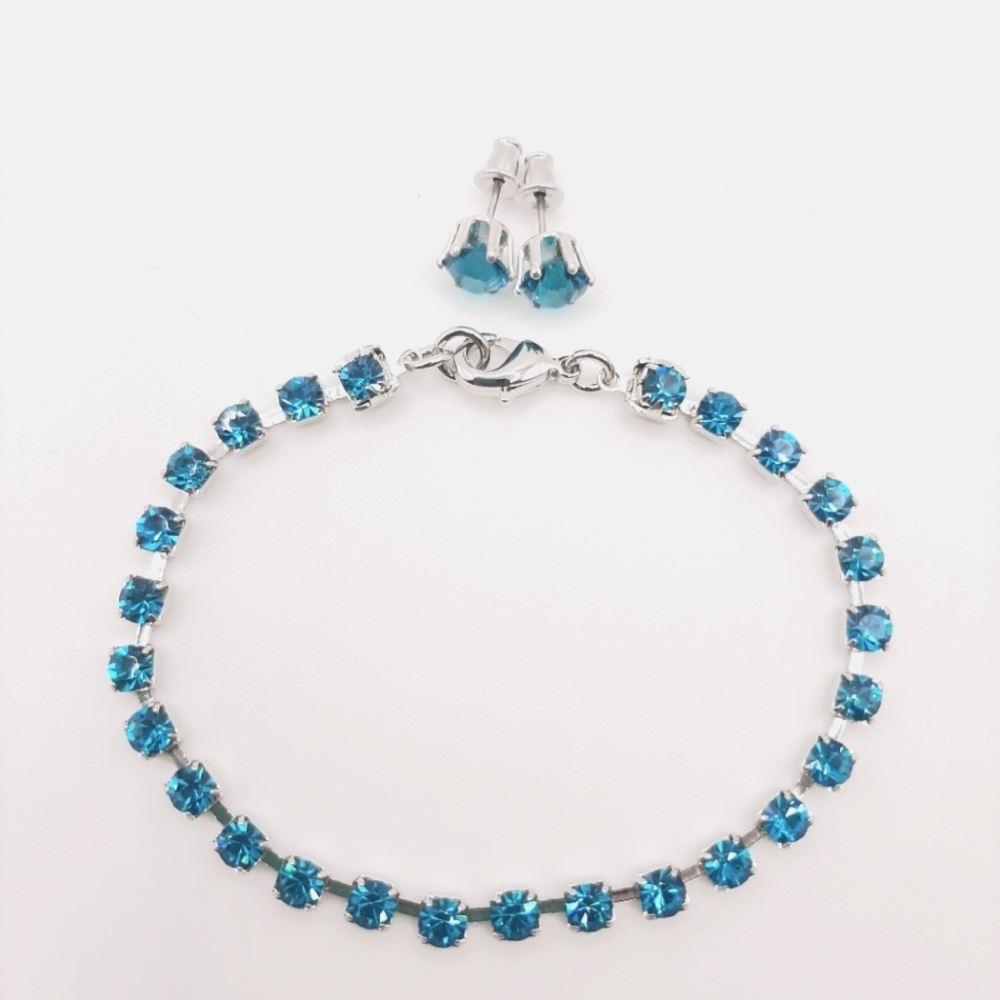 Blue Zircon Swarovski Elements Tennis Bracelet Stud Earrings Coastal Gift New